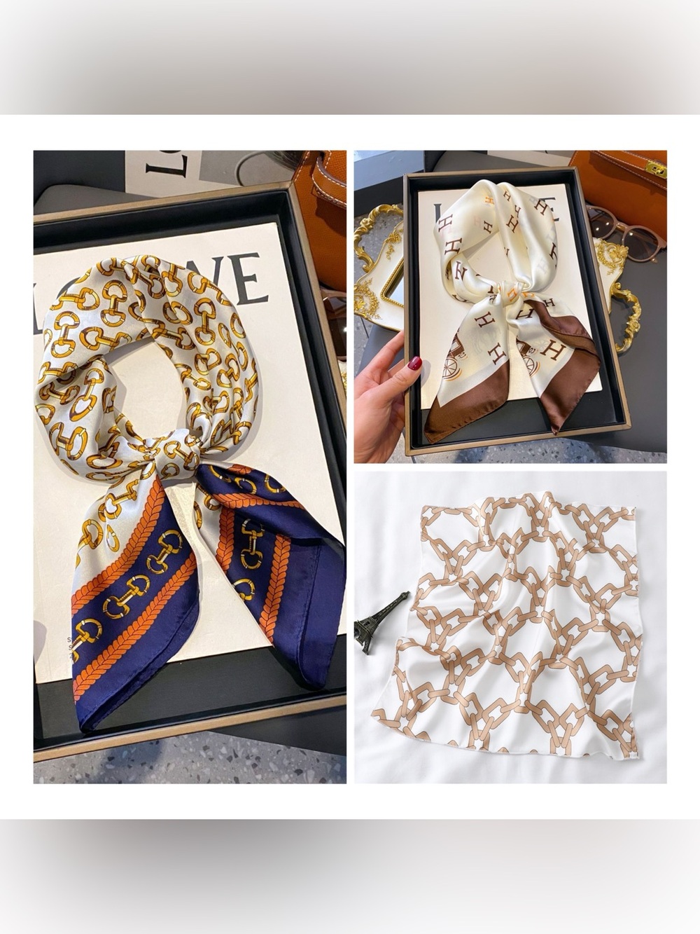 Bundles of 3 Silk Chain-Print Fashion Scarf - White, Navy & Brown